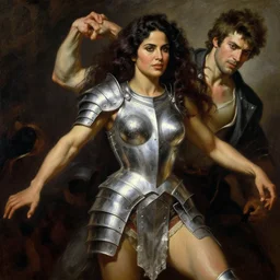 A Ruan Jia and Mandy Jurgens and Artgerm and William-Adolphe Bouguereau  oil painting of a beautiful muscular Salma Hayek wearing silver armor  , dynamic shot , HD 4k , intricate , highly detailed , atmospheric , sharp, uncropped