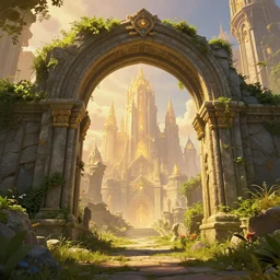 overgrown ruined stone archway into a magical city, beautiful, intricate, detailed, golden light, 3 d animated movie frame, 8 k