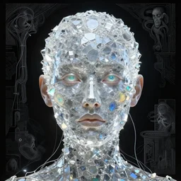 Woman's portrait, crystal and opal, Crystal face, shiny, flat background, glowing, wires everywhere, by Edgar Maxence and Ross Tran, Zdzisław Beksiński, and Michael Whelan, distant, gustav dore, H.R. Giger, 8k, octane render