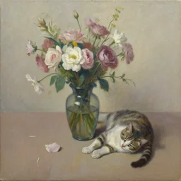 a cat and a ( ( ( ( fallen ) ) ) ) vase of flowers, oil on canvas,