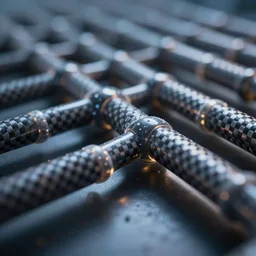 macro image of carbon nanotubes forming structures, shallow DOF, reflective surfaces, studio lighting, chromatic aberration, high detail, scientific