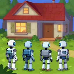 four completely identical robots, standing outside a house, each facing a different direction, from a lucasarts point and click 2 d graphic adventure game, art inspired by thomas kinkade