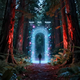 glowing cyberpunk portal in a clearing glade in a redwood forest at night. shimmering portal. the forest redwood trees are lit by a glow. by cyril roland. dan mumford. ricardo bofill. beeple. noah bradley. digital render. digital painting. trending on artstation. concept art.