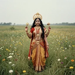 mystical hindu god kaali standing in tall meadow of flowers, distant, ww1 film photo, grainy, high detail, high resolution
