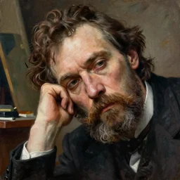 a close up of dostoyevsky as an exhausted painter in his studio by edgar maxence and caravaggio and michael whelan, intricate painting, hyper realistic, extremely detailed and beautiful aesthetic face, 8 k resolution