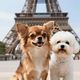 a photorealistic closeup image of a cute brown colored long haired chihuahua cocker spaniel dog with a happy white bichon frise dog in paris outisde the eiffel tower. brightly lit. extreme detail. 4 k hd unreal engine