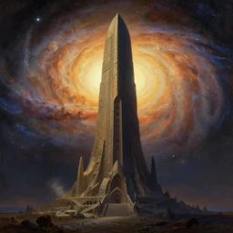 a mysterious post human monument realm, interstellar galaxy, hyper real, by Thomas Kinkade, and Albert Bierstadt, warm light and cool shadow colors