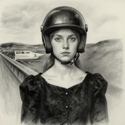 charcoal drawing portrait of a girl wearing helmet and with black funeral dress by jenny saville and edward munch, edward hopper and james gilleard, zdzislaw beksinski, mark ryden, wolfgang lettl highly detailed, hints of yayoi kasuma, detailed, high contrast, enchanting, trending on artstation.