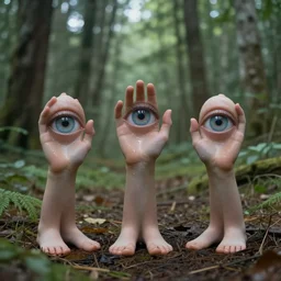 forest, three eyed spirits, wide shot, soft colors, hands, feet, ground very detailed, wet eyes reflecting into eyes reflecting into infinity, natural lighting