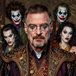 photorealistic portrait of evil looking walter white wearing intricate shao khan costume, bizarre voodoo makeup, clown makeup, by amano, karol bak, greg rutkowski, and akira toriyama, tonalism, hyperrealistic, artgerm, concept art, masterpiece.