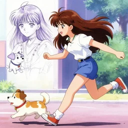 beautiful woman chasing her little dog, sprite, vaporwave nostalgia, directed by beat takeshi, visual novel cg, 8 0 s anime vibe, kimagure orange road, maison ikkoku, sketch by akira toriyama