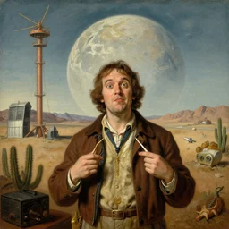 a hieronymous bosch painting of barry chuckle faking the first meat planet landings in a sound stage in nevada