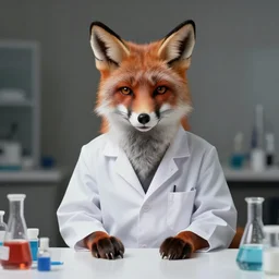 a humanoid fox wearing a scientist white coat, chemicals on a white table in front of the fox, digital art, digital painting, masterpiece, anatomically correct, five fingers, cinematic, high coherence, realistic, high quality, highly detailed, 8 k, dramatic lighting, path traced, centered, high definition