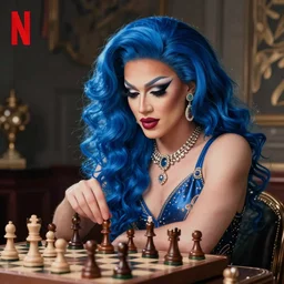 blue hair drag queen playing chess, netflix show poster