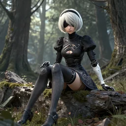 hyper realistic detailed render of a android - girl sitting on the edge of a ruin in a forest in the style of nier automata by yoko taro