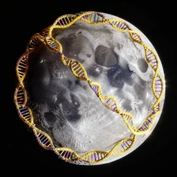 an ultra high resolution photo taken by nasa hubble telescope of a perfect dyson sphere comprised of entangled strands of yellow and violet dna enircling the moon. futuristic, sci fi, 2 0 0 1 space odyssey film, cinematic, backlit
