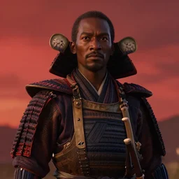 a film still of a light skinned black man starring as an ancient samurai in a japanese blockbuster film, the sky is red, shallow depth of field, cinematic, award winning cgi, vfx, film still