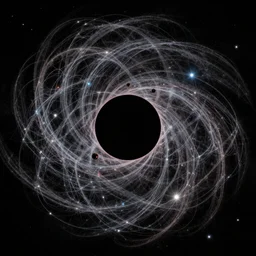 A cosmic web surrounded by dark matter and orbiting pulsars behind a black hole behind the backdrop of a nebula