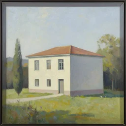 a beautiful painting of a building in a serene landscape by Andreas Zafiratos