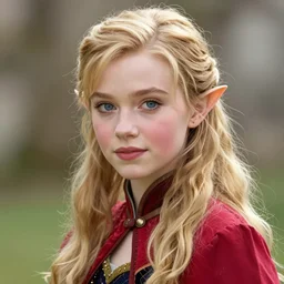 beautiful gorgeous cute young elf princess Anna Taylor-Joy blonde hair blue eyes blushed in red dress