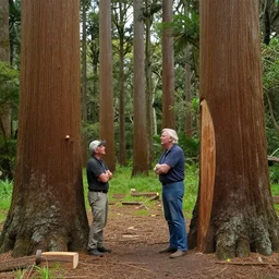 david attenborough interviewing men cutting down extremely large kauri trees. great barrier island, new zealand. 1 9 5 0 s tv show. beach with large boulders in background. nikau palms.