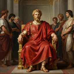 beautiful oil matte portrait painting, ancient senatorsi in royal crimson robes enthroned as the god emperor of ancient rome surrounded by servants in senate hall, art by anders zorn, wonderful masterpiece highly detailed, beautiful cinematic light deep focus, elegant, digital painting, smooth, sharp focus, golden ratio, dramatic illumination, ultra realistic, 8 k, art by artemisia lomi gentileschi and caravaggio