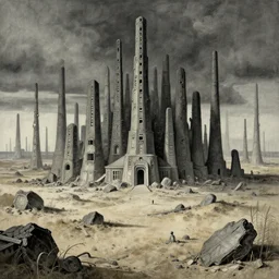 huge detailed standing in wasteland in style of zdzisław beksinski