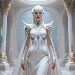 detailed portrait cyber noun, attractive feminine curves, intricated, scifi, futuristic, elegant cape, year 2 1 0 0, elegant, alien room background, white, blue, pink, gold, photorealism, trending on artstation, so - s 1 4 8 ft light, holy machine, advanced technology, art by vitaly bulgarov and chanthara