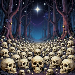 lots fo skulls, enchanted cosmic forest, stars in the sky, psychedelic, wide angle shot, vector art, optical illusion, heavenly, 4 k, fantasy poster by helen huang and frank frazetta and salvador dali