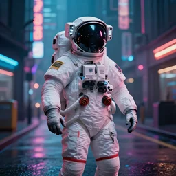professional photo of astronaut on cyberpunk street, synthwave, blade runner 2 0 4 9, hyperrealistic masterpiece, trending on artstation, cgsociety, kodakchrome, golden ratio, cinematic, composition, beautiful lighting, hyper detailed, sharp focus, octane render, 4 k, unreal engine