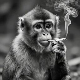 a greyscale portrait of a mokney smoking a cigarette, smoke, detailed, realistic, 4K