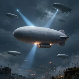 an airship that flies through a storm and shines into the sky with searchlights and it has spldaten on it, the pratolire next to it fly somewhat smaller airships, 4 k, detailed and intricate environment, unreal engine