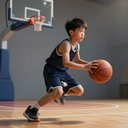 an epic portrait of a boy playing basketball in a basketball court with a basketball hoop visible, highly detailed, high quality, HDR, path tracing, epic image, realistic face, hyperrealistic, badass pose, digital art, anatomically correct, dramatic lighting, studio quality, profile photo