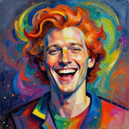 a portrait of a laughing man with ginger hair, by ross tran in a cubist style, psychedelic, rainbow, swirling splattered colors, otherworldly, abstract