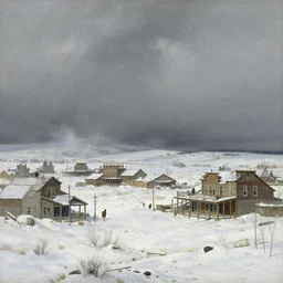 greg manchess painting of a wild west abandoned town landscape in winter with no person nor horse in the painting only buildings in the year 1 8 5 0, nobody living there, snow storm, grey sky, painting, trending on artstation, by huang guangjian and gil elvgren and sachin teng
