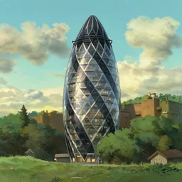 a norman foster building in a studio ghibli landscape