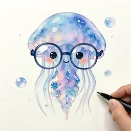 a cute crystal jellyfish wearing glasses, glasses frames, water bubbles, watercolor and pen