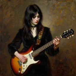 Goth girl playing electric guitar by Mario Testino, oil painting by Lawrence Alma-Tadema, masterpiece