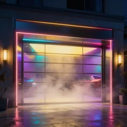 a luxury garage, vray rendering. lightning, cinematic lighting, fog. john berkey, sunny pandita. colorful lights