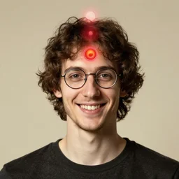 Pre-Raphaelite male portrait crown chakra third eye with glasses smiling
