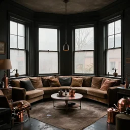 dark indoor vintage crazy living room with copper equipment in a cubic room with large victorian windows