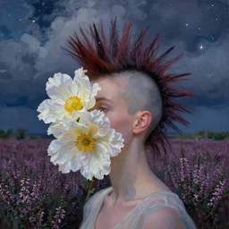 closeup, giant flowers as a head with mohawk, woman in heather field, surreal photography, starlight, storm clouds, impressionist painting, digital painting, artstation, simon stalenhag