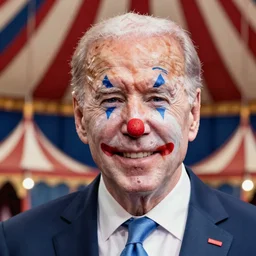 Joe Biden with clown make-up all over his face inside a circus