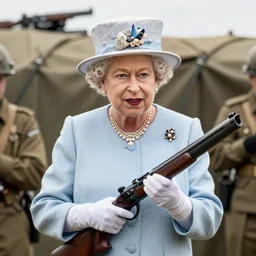 Queen Elizabeth II holding a gun while in WWII trenches, highly detailed, high quality, HD, 4k, 8k, Canon 300mm, professional photographer, 40mp, lifelike, top-rated, award winning, realistic, sharp, no blur, edited, corrected, trending