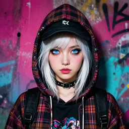 highly detailed portrait of a sewer punk lady student, blue eyes, tartan hoody, hat, white hair by atey ghailan, by greg rutkowski, by greg tocchini, by james gilleard, by joe fenton, by kaethe butcher, gradient magenta, black, brown and cyan color scheme, grunge aesthetic!!! ( ( graffiti tag wall background ) )