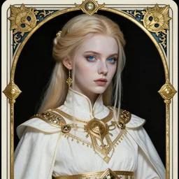 portrait of a alluring young priestess in ornamental white robes, gold accessories, face details, blond hair, ponytail, white skin, blue eyes, dark fantasy, sharp focus, award - winning, masterpiece, highly detailed, intricate, by rebecca guay, rossdraws, tarot card border