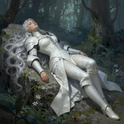 knight, lying down on rock, white grey blue green color palette, eyes closed, forest, female, d & d, fantasy, intricate, elegant, highly detailed, long silver hair, digital painting, artstation, octane render, concept art, matte, sharp focus, illustration, hearthstone, art by artgerm, alphonse mucha johannes voss