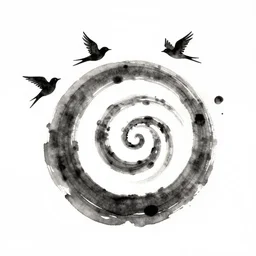 an opened spiral with three flying birds, representing liberty, ink, black watercolour