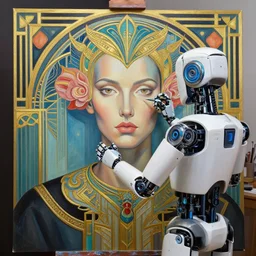 robot artist painting a self - portrait on a canvas. intricate, highly detailed, digital matte painting, in the style of alexandros pyromallis, and in the style of sachin teng, and in the style of hans thoma, and in the style of gil elvgren. irony, recursion, inspiration, art deco.