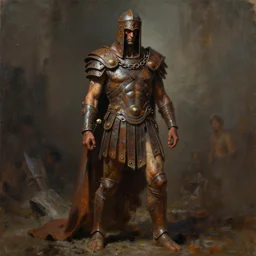 fire monk, wearing a chained rusty hood, ancient greek cyclop armor, gritty, full body concept, by beksinski, weta workshop concept art, ruan jia, edward hooper, oil painting